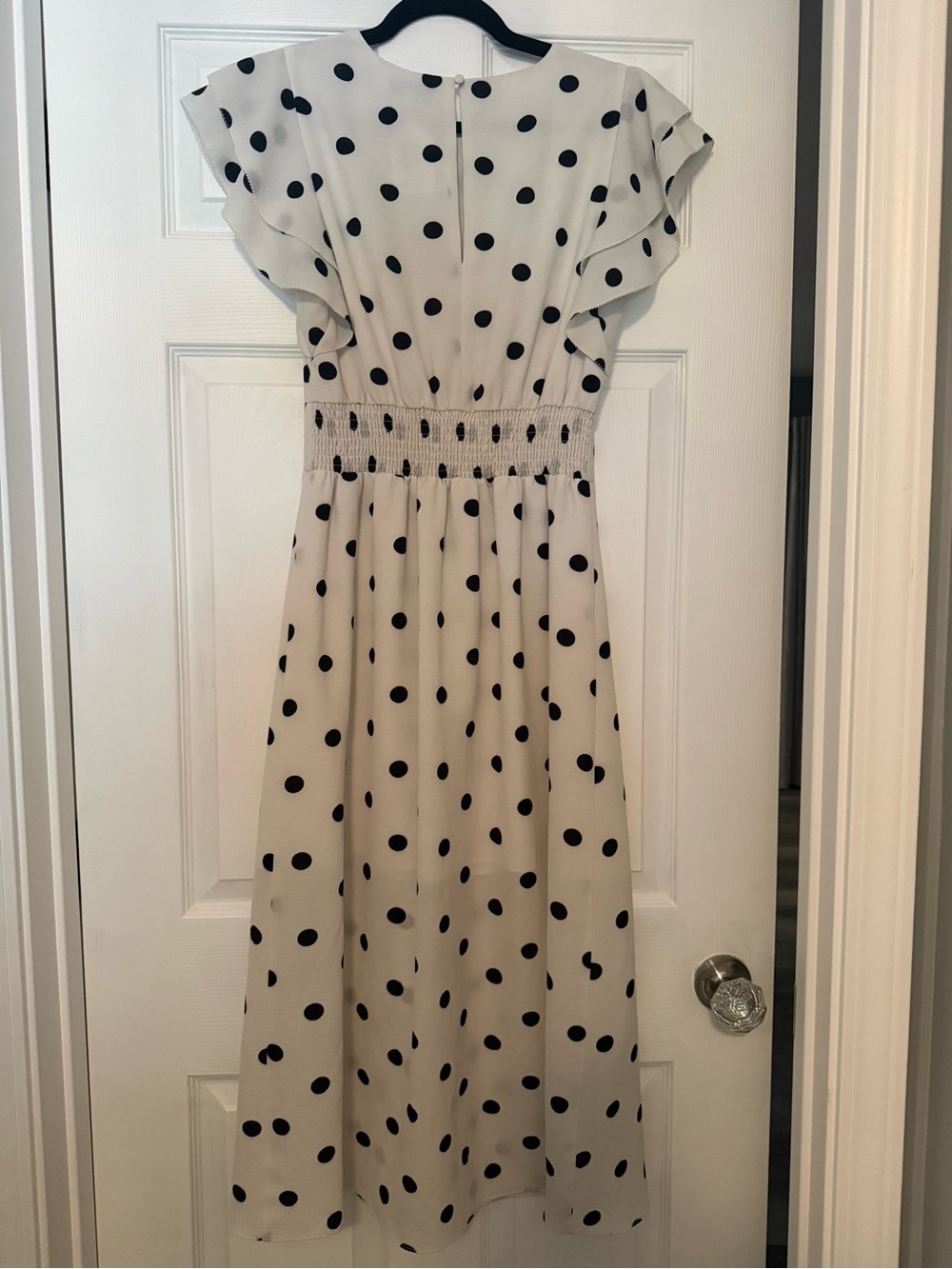 White and Black Polka Dot Midi Dress with Flutter Sleeves Size XS - Picture 3 of 4